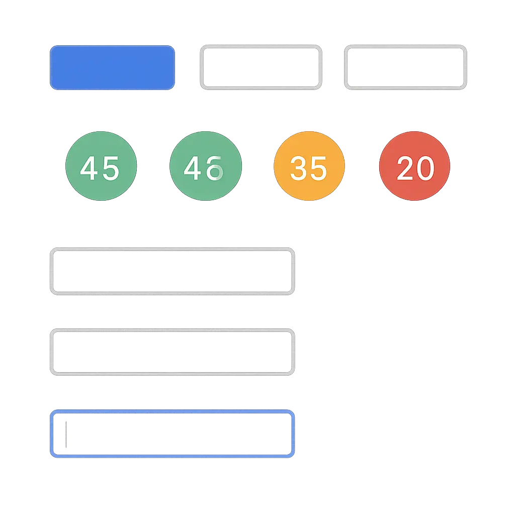 Close-up of UI components including accessible buttons, rating badges, and spacing