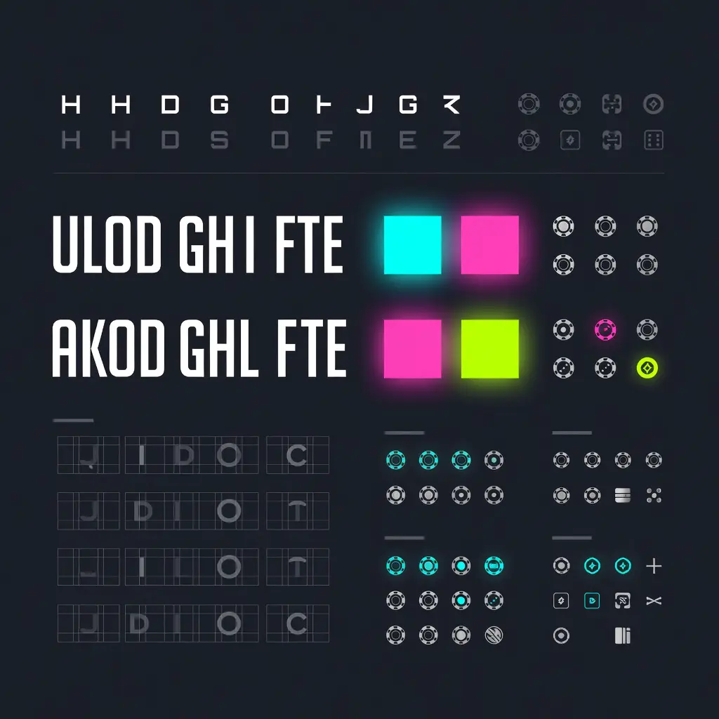 Design workspace showing bitcoin kasino brand identity components including bold typography treatments, neon color systems, crypto-casino iconography and dark-background layouts arranged as a professional brand presentation