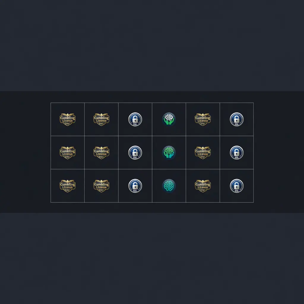 Online casino website footer showing licensing authority badges, SSL security seal and responsible gambling logos in a structured layout