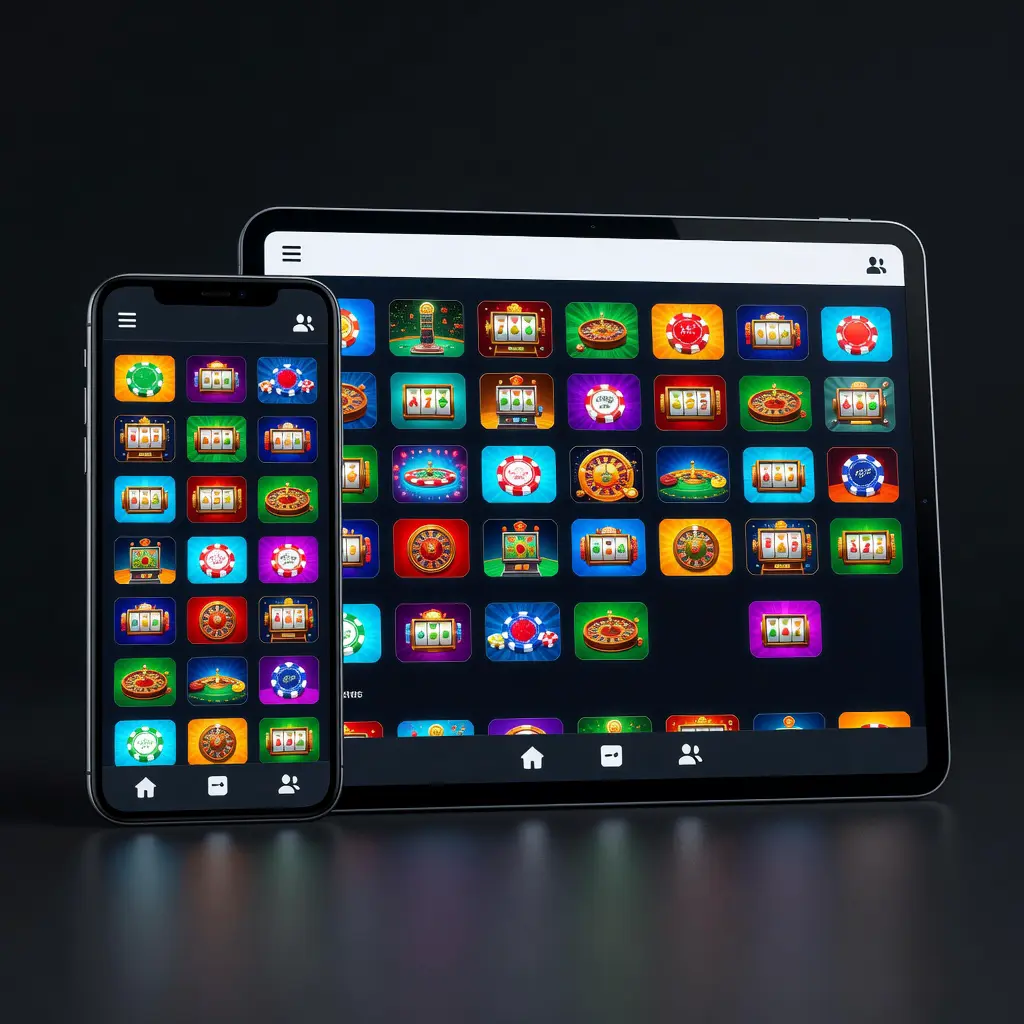 Mobile Casino Responsive Design Responsive online casino interface displayed across smartphone and tablet screens showing adaptive grid layout and touch-friendly elements