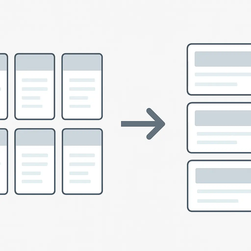Side-by-side comparison of a four-column desktop grid collapsing into a single-column mobile layout